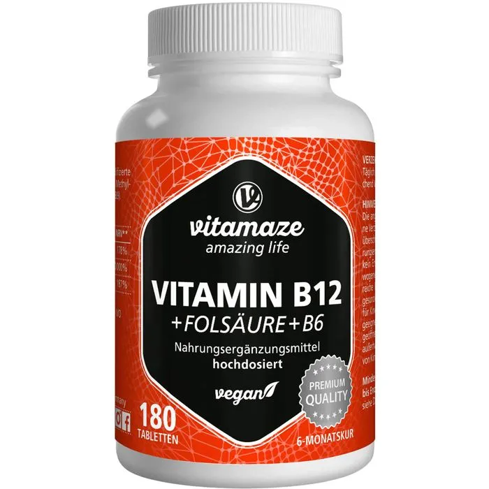 VITAMIN B12 1000 μg hochdos.+B9+B6 vegan Tabletten 180 Stück