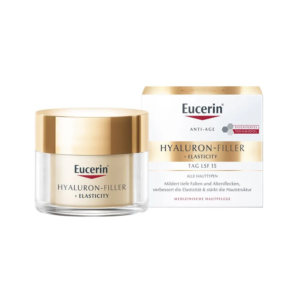 Eucerin® HYALURON-FILLER + ELASTICITY Tagespflege LSF 15 – Gesichtscreme zur Minderung tiefer Falten – Anti-Aging Creme gegen Altersflecken + Eucerin® Hyaluron-Filler Intensiv-Maske 1 Stk. GRATIS