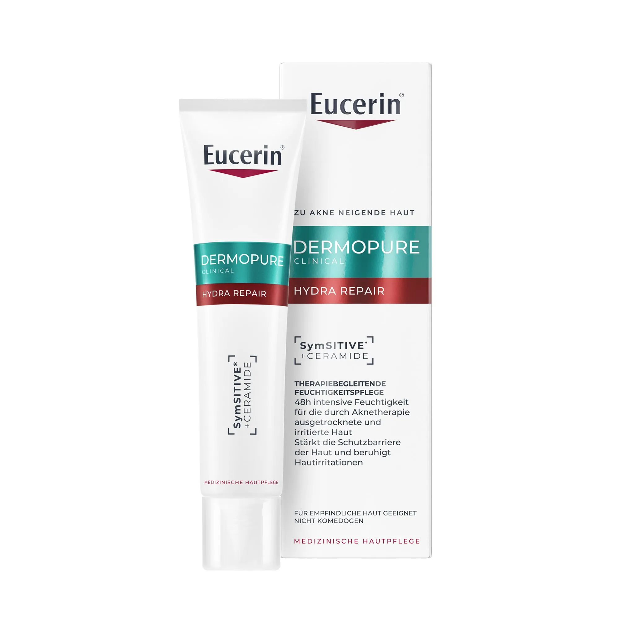 Eucerin® DERMOPURE CLINICAL Hydra Repair – Creme für trockene Haut nach Aknetherapie mit Ceramiden & SymSITIVE* + DermoPure Clinical Porenverf. Reinigungsgel 20ml GRATIS