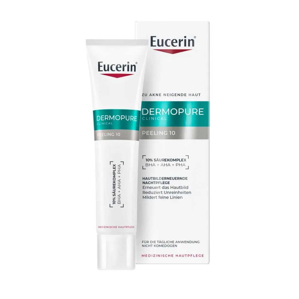 Eucerin® DERMOPURE CLINICAL Peeling 10 – Nachtpflege mit BHA, AHA & PHA gegen Akne, für unreine Haut + DermoPure Clinical Porenverf. Reinigungsgel 20ml GRATIS