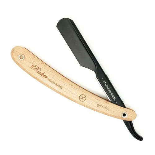 Parker Shaving Parker PTPBA - Light Wood Handle Push Type Black Blade Holder Barber/Straight Razor